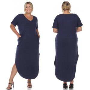 White Mark Women's Plus Size Short Sleeve V-Neck Maxi Dress Navy Size 1X NWT